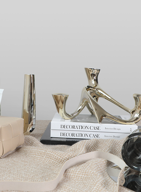 密度家居现代轻奢香槟银色不规则树脂烛台摆件客厅餐桌花瓶装饰品