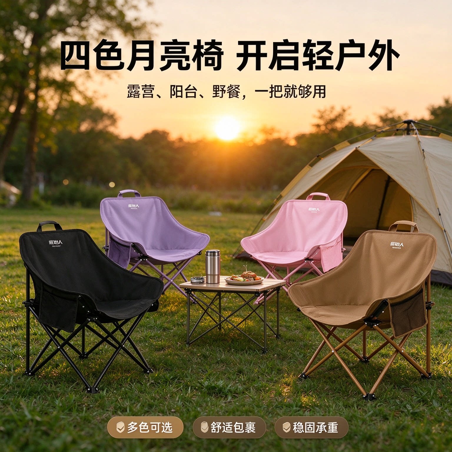 原始人折叠月亮椅高端露营椅户外椅便携式椅沙滩椅凳子带靠背座椅