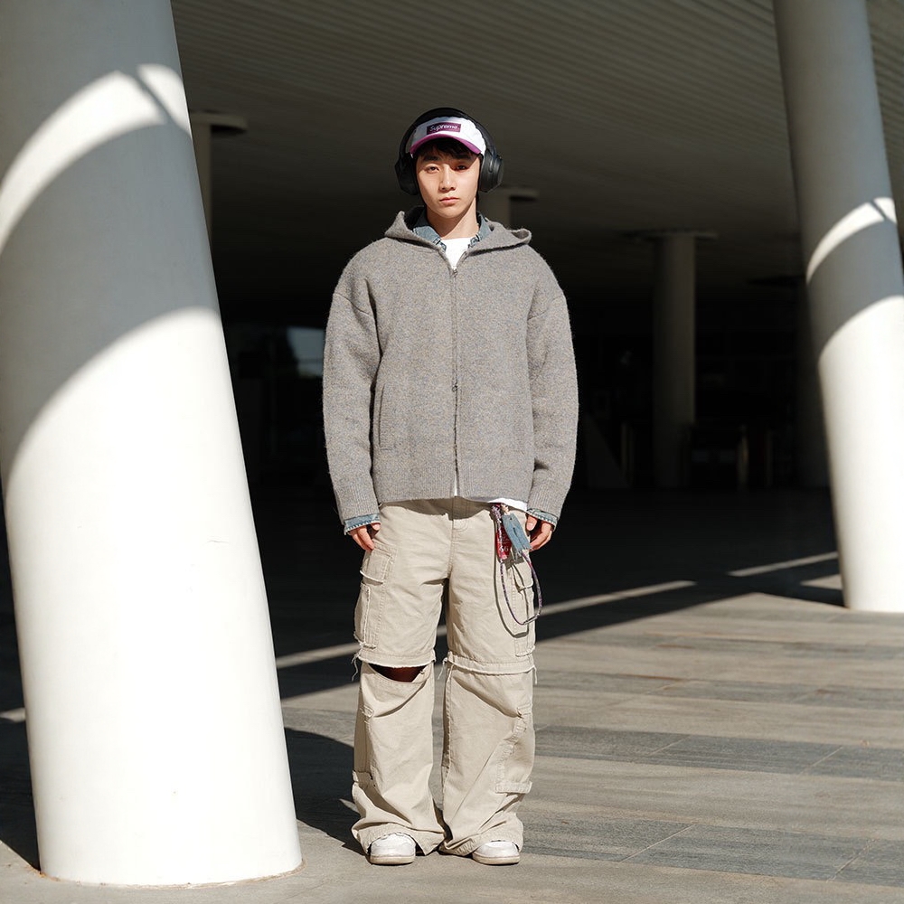 CQL男装 秋冬季日系慵懒风仿马海毛连帽开衫重磅双拉链毛衣男