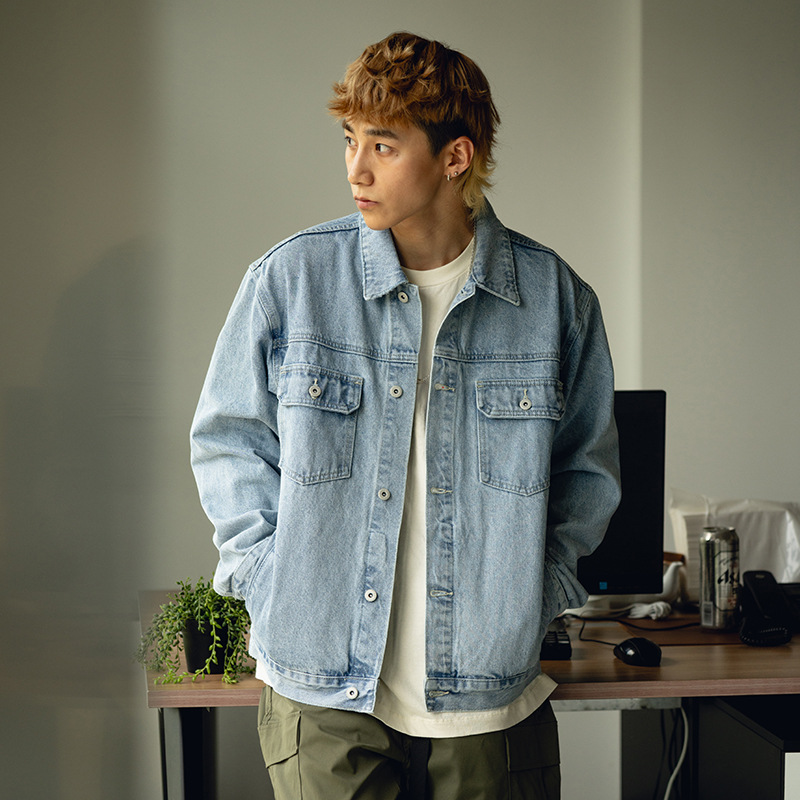 CQL男装   双口袋手工磨破喷马骝牛仔夹克外套