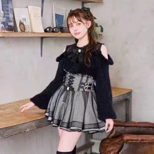 日系 liz lisa 量产型蕾丝拼接针织 秋冬甜美毛绒露肩长袖毛衣