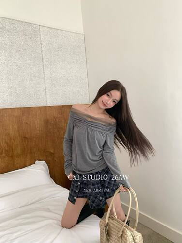 CXI STUDIO 2026AW秋冬新款一字肩网纱拼接长袖T恤女