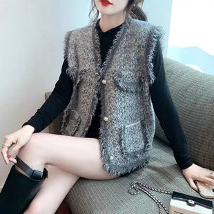 宽松v领流苏毛衣背心马夹外套 韩版 小香风毛衣马甲开衫 女秋冬新款