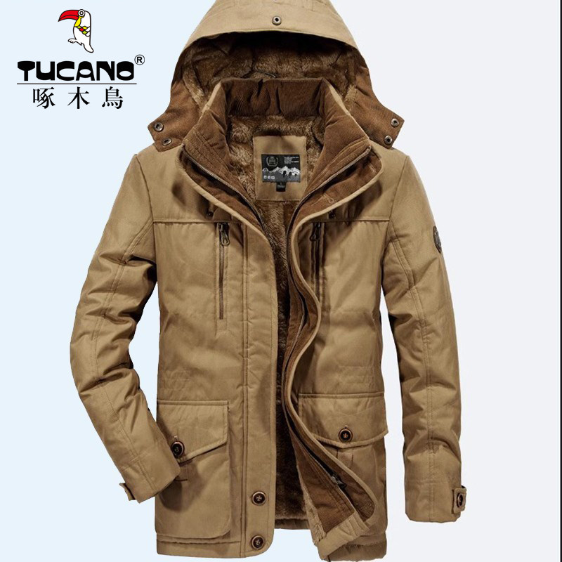 啄木鸟棉衣男冬装新款青年户外中长款加绒加厚保暖外套男大码棉服