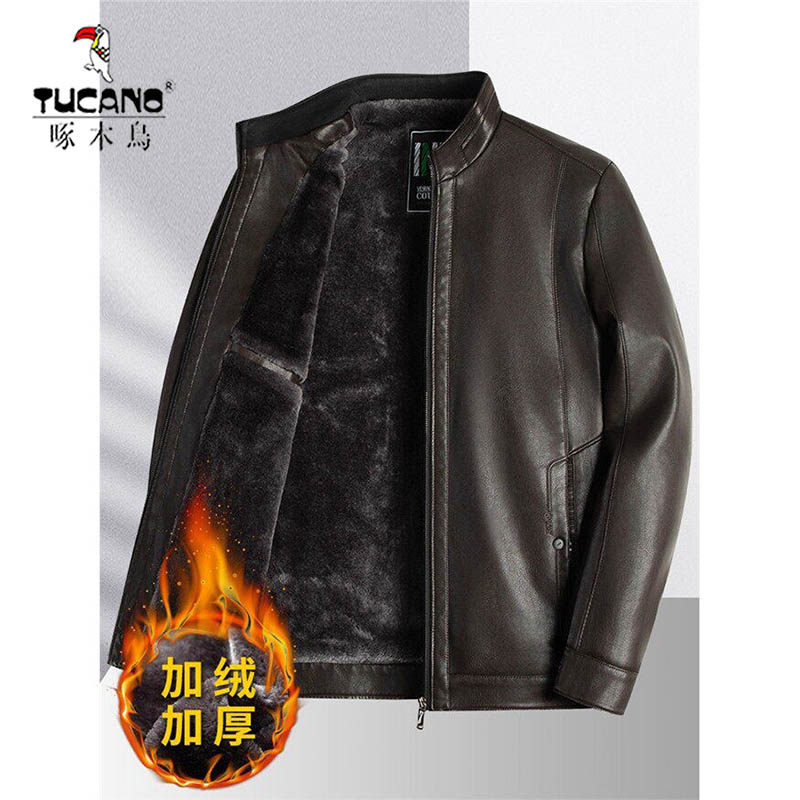 啄木鸟春秋冬季中年男立领皮衣外套中老年人爸爸装加绒加厚爷爷装