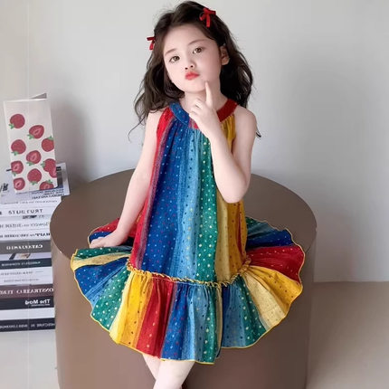 儿童装女童裙子彩虹无袖撞色连衣裙背心裙2026新款童装工厂货源甜