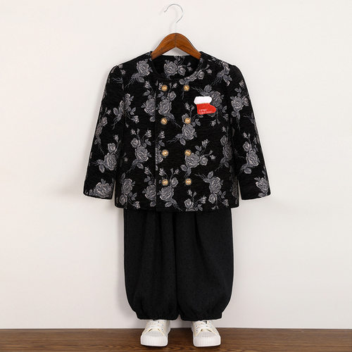 儿童小香风礼服新款玫瑰提花双排扣洋气外套灯笼裤中小童秋冬套装