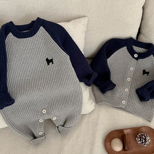 男宝宝秋冬新款 洋气针织毛衣爬服婴儿撞色连体衣超萌哈衣外出哈衣