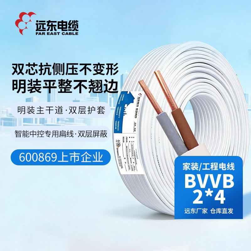 远东电缆BVVB2*4平方家装国标2芯插座铜芯明装护套扁电线【硬线】