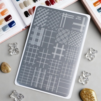 美甲印花钢板格纹法式线条图案