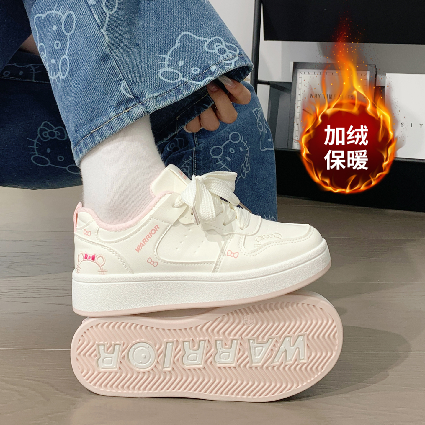 回力棉鞋加绒加厚冬款厚底板鞋女卡通经典小白鞋百搭休闲面包鞋子