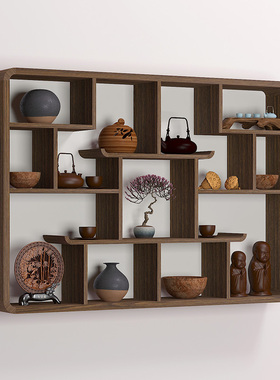 博古架挂墙多宝阁实木中式茶架壁挂式置物架墙上壁挂茶具茶杯茶壶