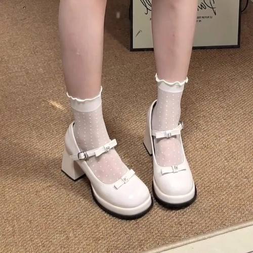 新款玛丽珍仙女风白色夏季高跟鞋法式复古跟鞋一字带粗跟时尚女鞋