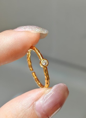 沙金 古法戒指女款时尚个性食指戒开口可调节锤纹指环简约设计