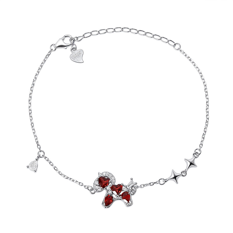 天然水晶石转运马s925纯银手链女爱心石榴石马年本命年新款手链