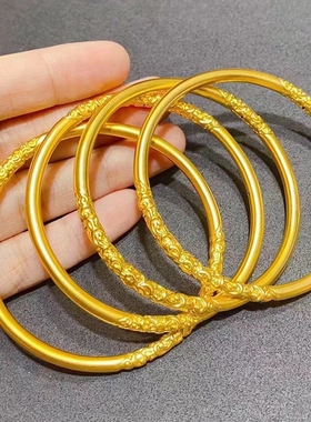 DIKAS 古法传承素圈卷草纹实心手镯宫廷风紫荆雕花复古手环