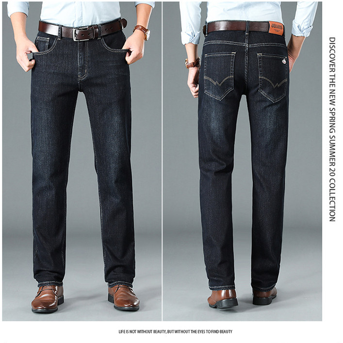 秋冬季男士修身直筒广州新塘牛仔裤加绒商务休闲宽松弹力黑色裤子