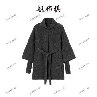 航邦祺羊绒假两件中长款 立领显瘦毛呢大衣BQC2508针织袖