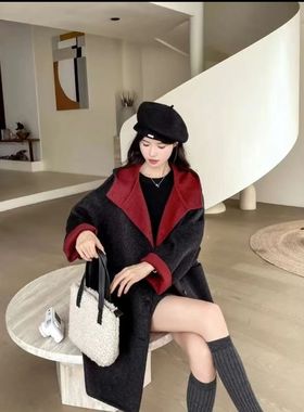 【小乐专享】航邦祺连帽双面韩系宽松撞色减龄羊毛大衣BQF2507