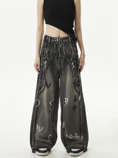 街头复古宽松休闲长裤 美式 子女 STUDIO不规则痕迹涂鸦牛仔裤 RUTO