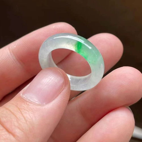 天然缅甸老坑A货翡翠玉石戒指冰种白底青戒圈飘绿花指环阳绿扳指