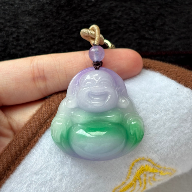 缅甸翡翠冰种淡紫飘绿花翠绿财运双旺弥勒佛笑佛吊坠玉石颈饰珠宝