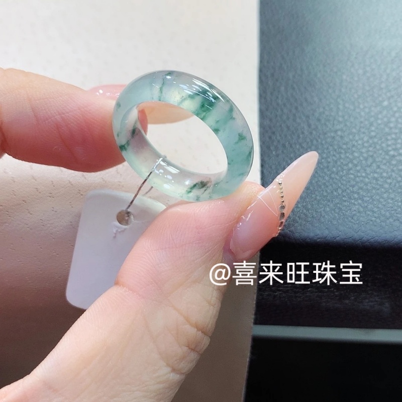 冰透种飘蓝绿花玉石戒指指环