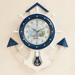地中海舵手挂钟墙壁简约潮流装 创意小挂钟 饰创意挂件蓝白海洋风格