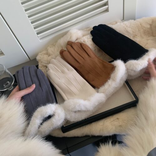 陈奶奶麂皮绒毛边分指手套女秋冬