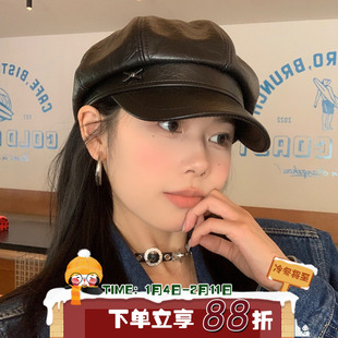 轻熟女~ 韩版百搭皮质八角帽子女显脸小贝雷帽英伦风报童画家帽新