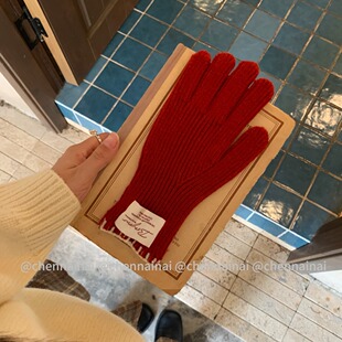 韩系拉满~陈奶奶/保暖百搭贴布毛线手套女缝线可触屏防寒针织手套