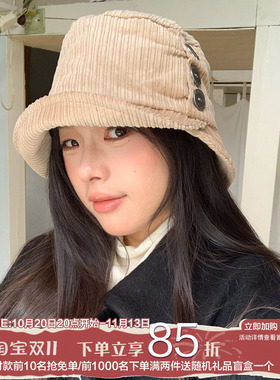 陈奶奶纯棉灯芯绒纽扣渔夫帽子女
