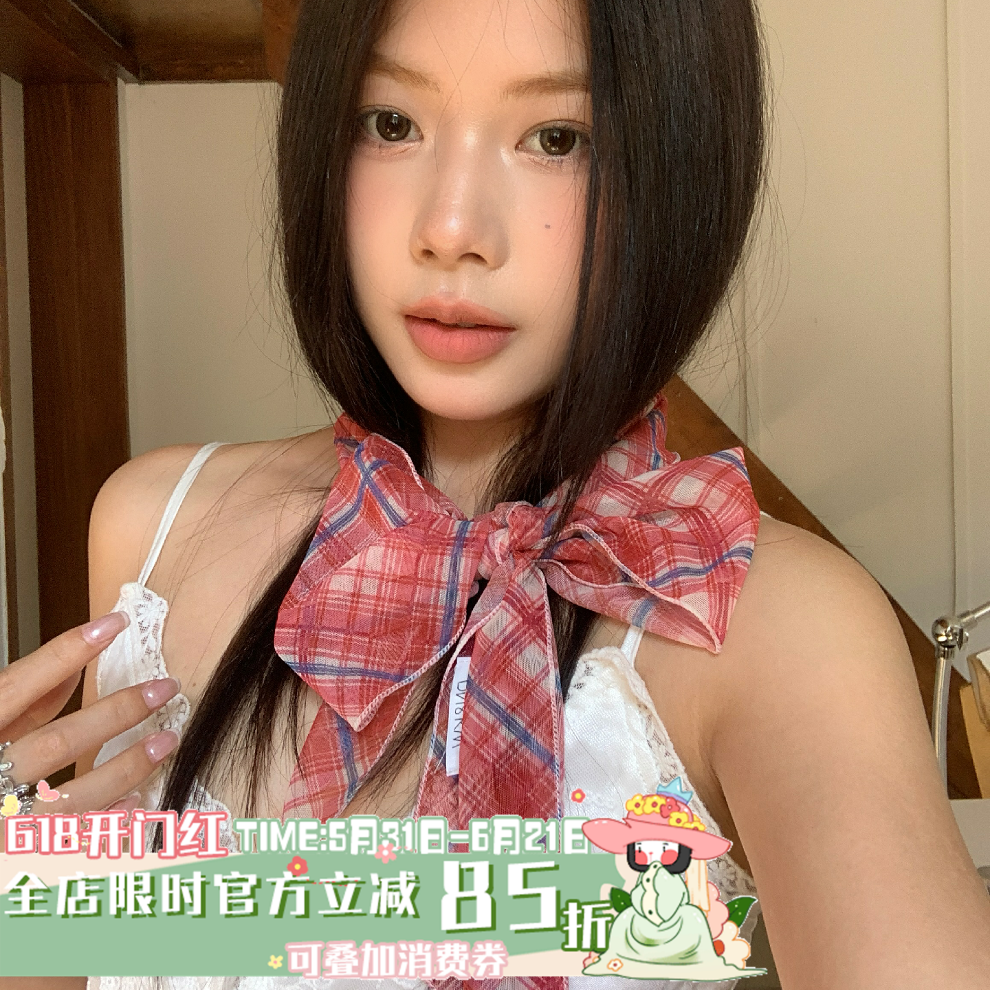 绯蓝格笺~陈奶奶韩系氛围感格子条纹丝巾网纱领巾发带长条飘带