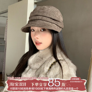 日系文艺 陈奶奶纯色灯芯绒报童渔夫帽子女生褶皱百搭通勤画家帽