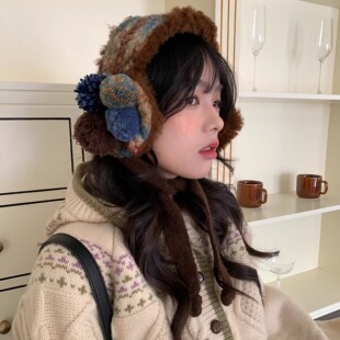 巴恩风~陈奶奶复古系混色毛球耳罩护耳可爱韩版ins加厚防寒保暖女