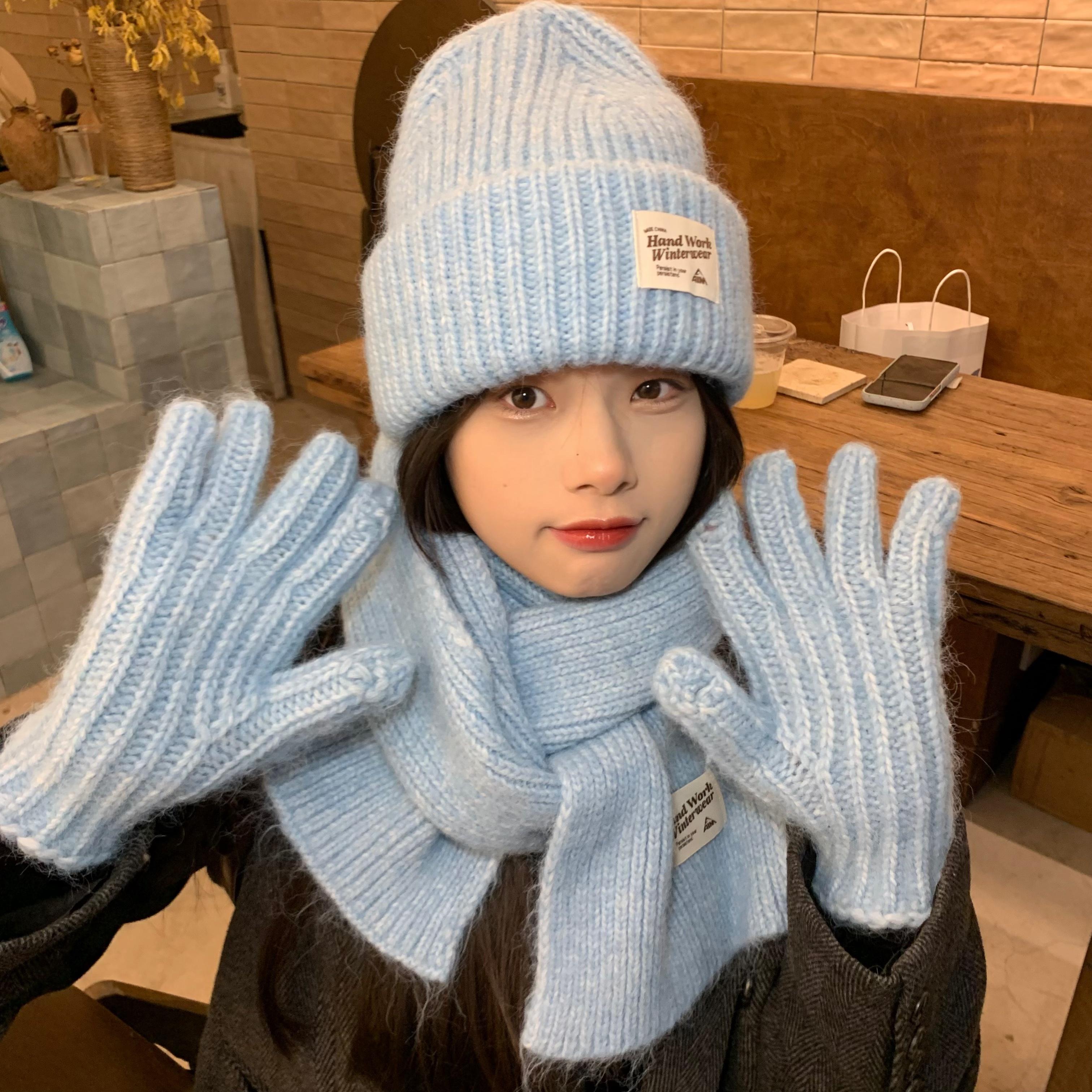 陈奶奶粗针织帽子手套围巾三件套