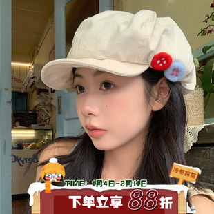乖巧甜妹~日系甜美ins风八角帽毛毡纽扣画家帽大头围云朵贝雷帽女