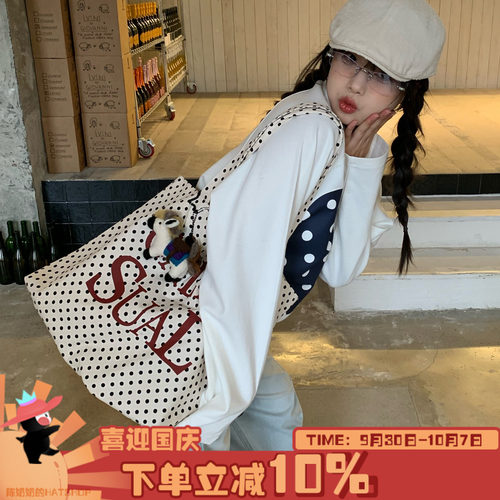 很韩的波点包包~陈奶奶日系帆布托特包女春新款手提大容量单肩包