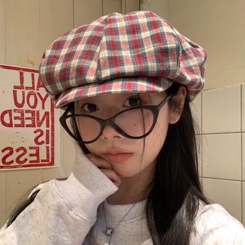格纹正反两戴八角帽女复古