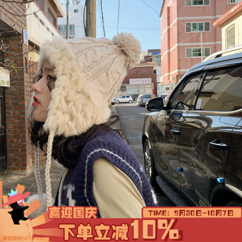 韩版复古麻花真兔毛毛线帽女秋冬韩版保暖日系护耳雷锋帽女舒适款