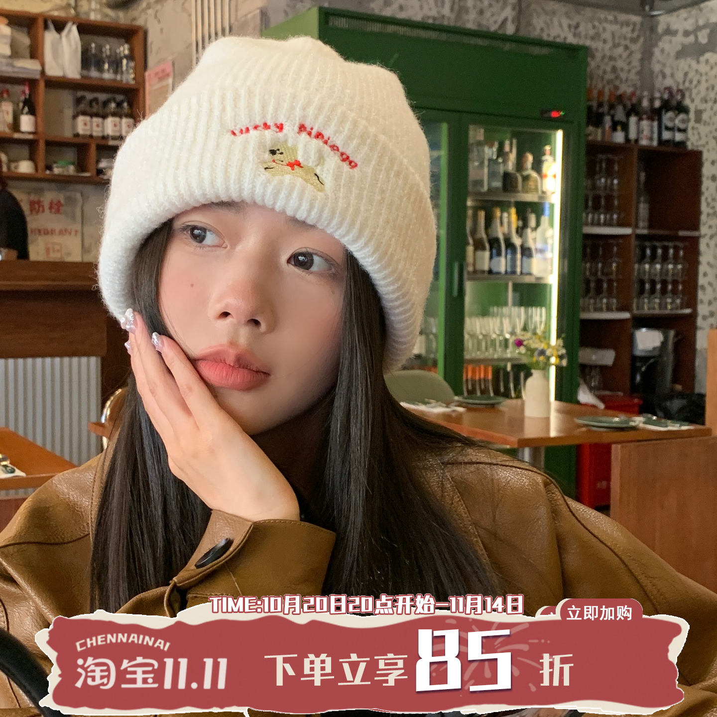 陈奶奶可爱小狗刺绣针织毛线帽