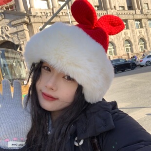 陈奶奶毛绒红色氛围感雷峰帽子女冬季可爱蝴蝶结保暖针织护耳帽