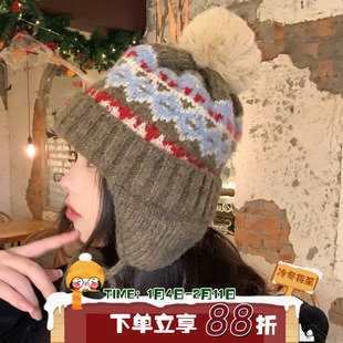 森系庄园~陈奶奶复古费尔岛加厚雷锋帽子女冬保暖针织护耳毛线帽