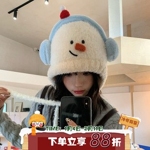 雪萌暖趣！陈奶奶可爱雪人毛绒针织护耳帽冬季保暖防寒套头雷峰帽