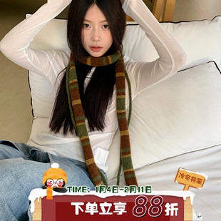 质感秋冬!陈奶奶韩系法棍双根条纹围巾女时髦百搭保暖护颈围脖潮