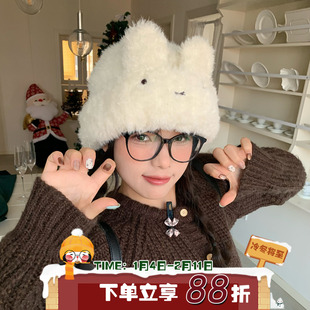 可爱兔兔！陈奶奶韩系兔耳毛绒帽女保暖防风秋冬可爱搭配新款帽子
