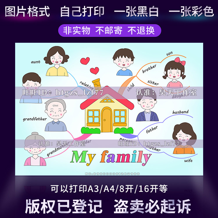 我的家庭my family英语手抄报家庭树我的一家人线描儿童画报g132