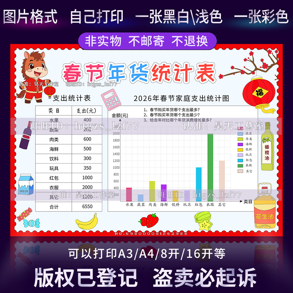 I192春节年货统计表手抄报购物清单春节我家年货统计表条形统计图