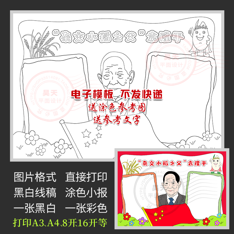 杂交水稻之父袁隆平手抄报名人简介黑白线描涂色电子小报模板a013