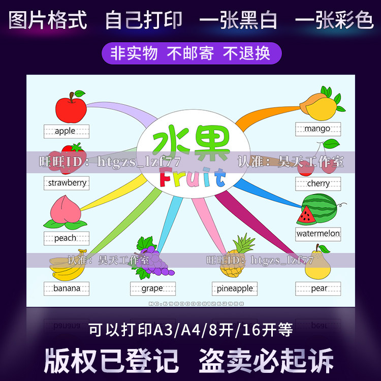 a832小学生认识英语我喜欢水果思维导图黑白线描涂色电子小报模板